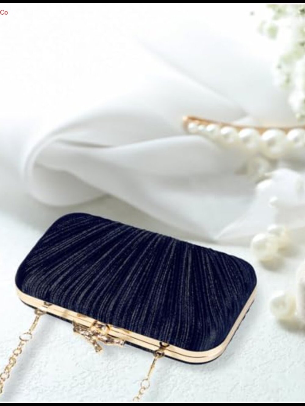 Pleated Shimmer Fabric Clutch Evening Bag with Branch Clasp & Chain Strap - Picture 4 of 5